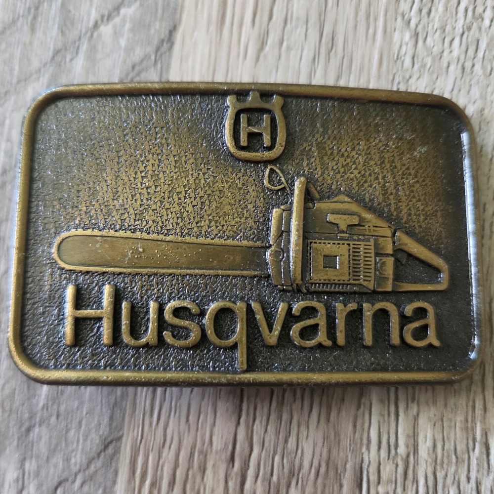 Vintage Husqvarna Chainsaw Belt Buckle Brass Century Canada Logging Forestry
